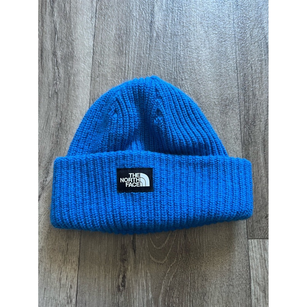 The North Face TNF Logo Box Cuffed Beanie Hat Electric Blue Ribbed Knit